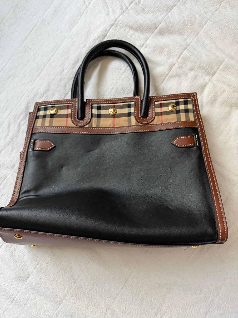 Classic Black faux  Leather Tote with Plaid Trim